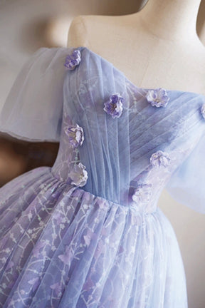 Purple Tulle Knee Length Prom Dress, Lovely Off the Shoulder Party Dress