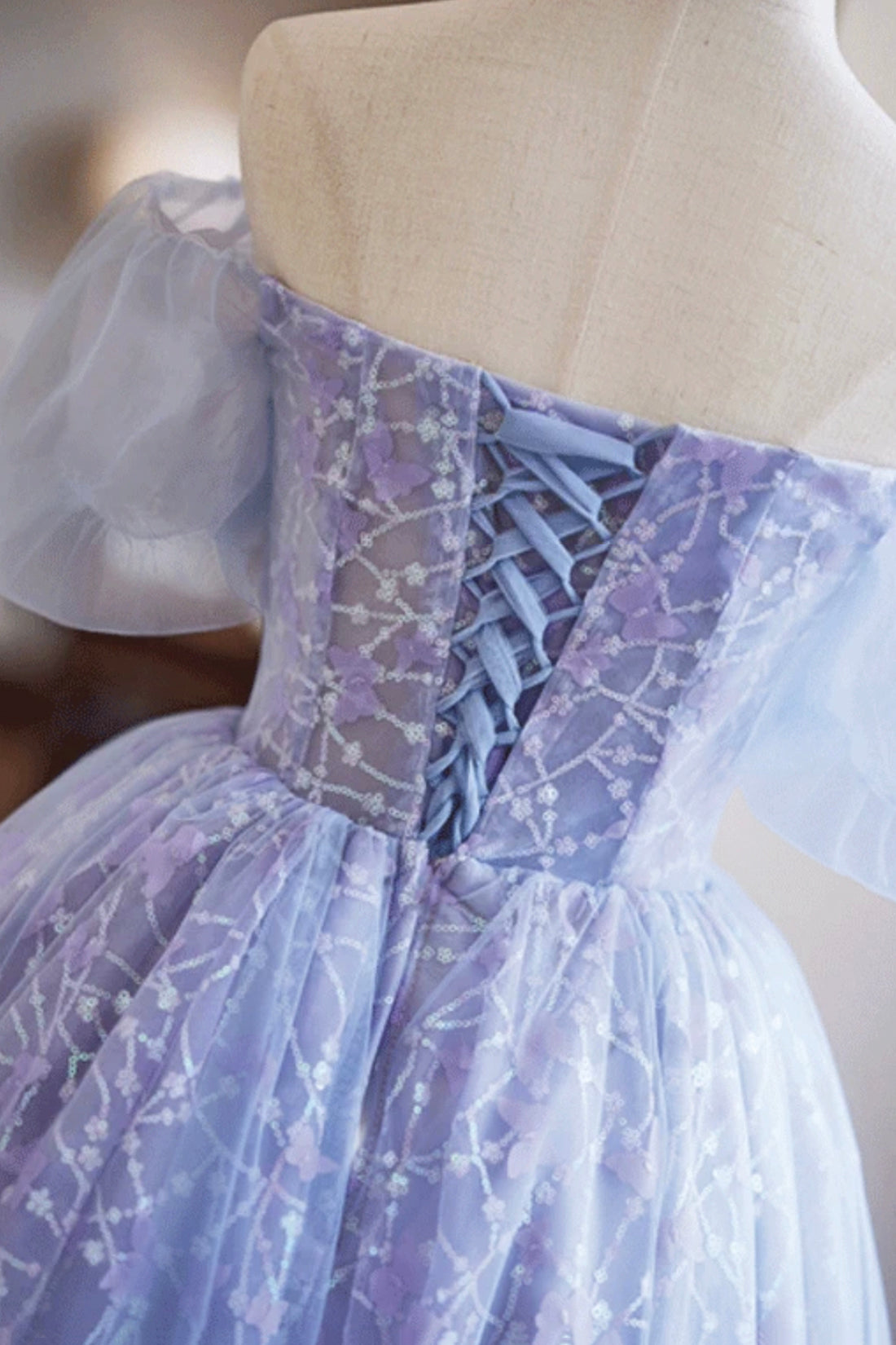 Purple Tulle Knee Length Prom Dress, Lovely Off the Shoulder Party Dre Purple Tulle Knee Length Prom Dress, Lovely Off the Shoulder Party Dre
