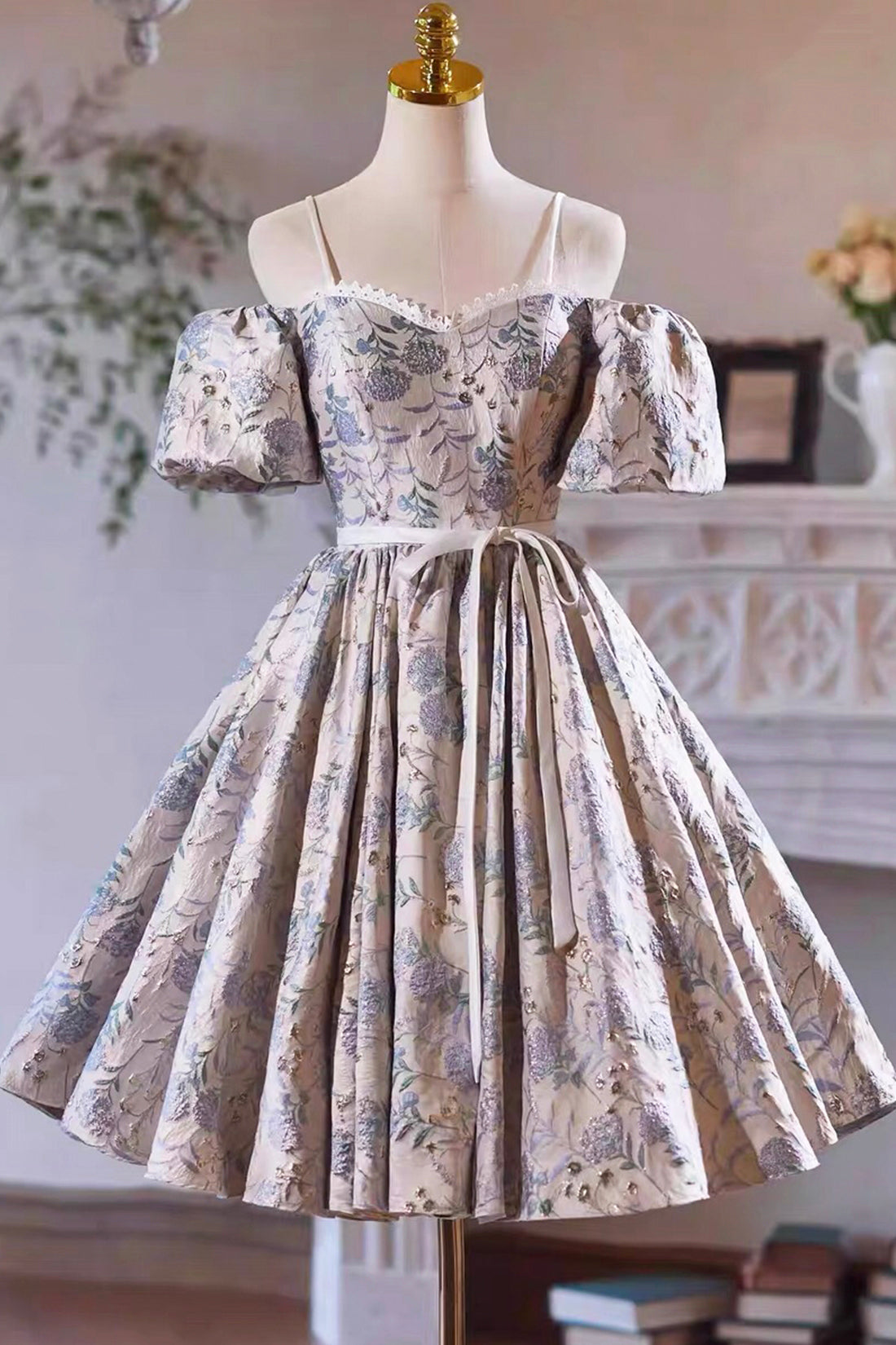 Gray Print Short Prom Dress Dress, Lovely Spaghetti Strap Evening Party Dress