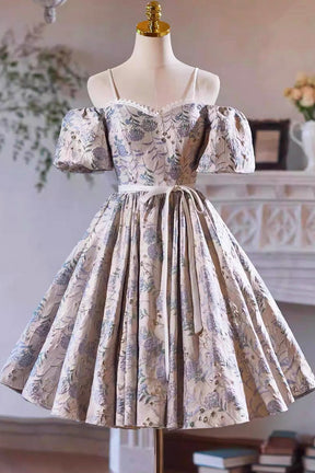 Gray Print Short Prom Dress Dress, Lovely Spaghetti Strap Evening Party Dress