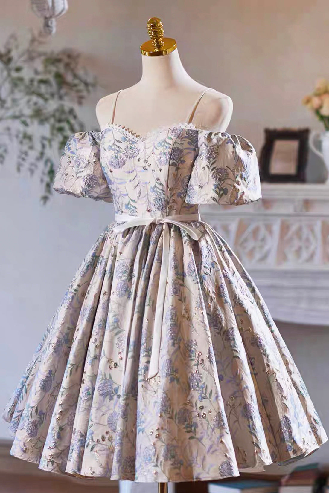 Gray Print Short Prom Dress Dress, Lovely Spaghetti Strap Evening Party Dress