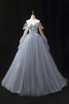 Gray Blue Tulle Floor Length Prom Dress, Elegant Long Sleeve Formal Evening Dress