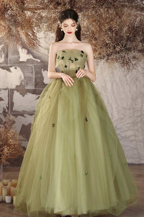 Green Tulle Long A-Line Prom Dress, Beautiful Strapless Backless Evening Party Dress