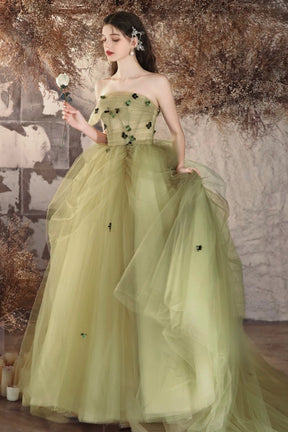 Green Tulle Long A-Line Prom Dress, Beautiful Strapless Backless Evening Party Dress