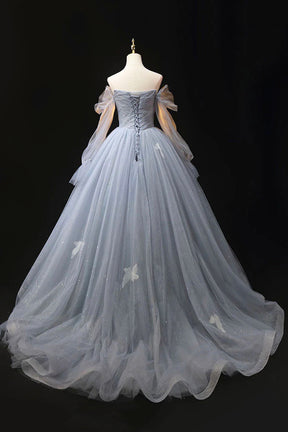 Gray Blue Tulle Floor Length Prom Dress, Elegant Long Sleeve Formal Evening Dress