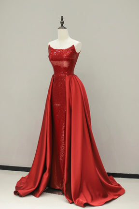 Burgundy Satin Sequins Long Prom Dress, Elegant A-Line Evening Party Dress