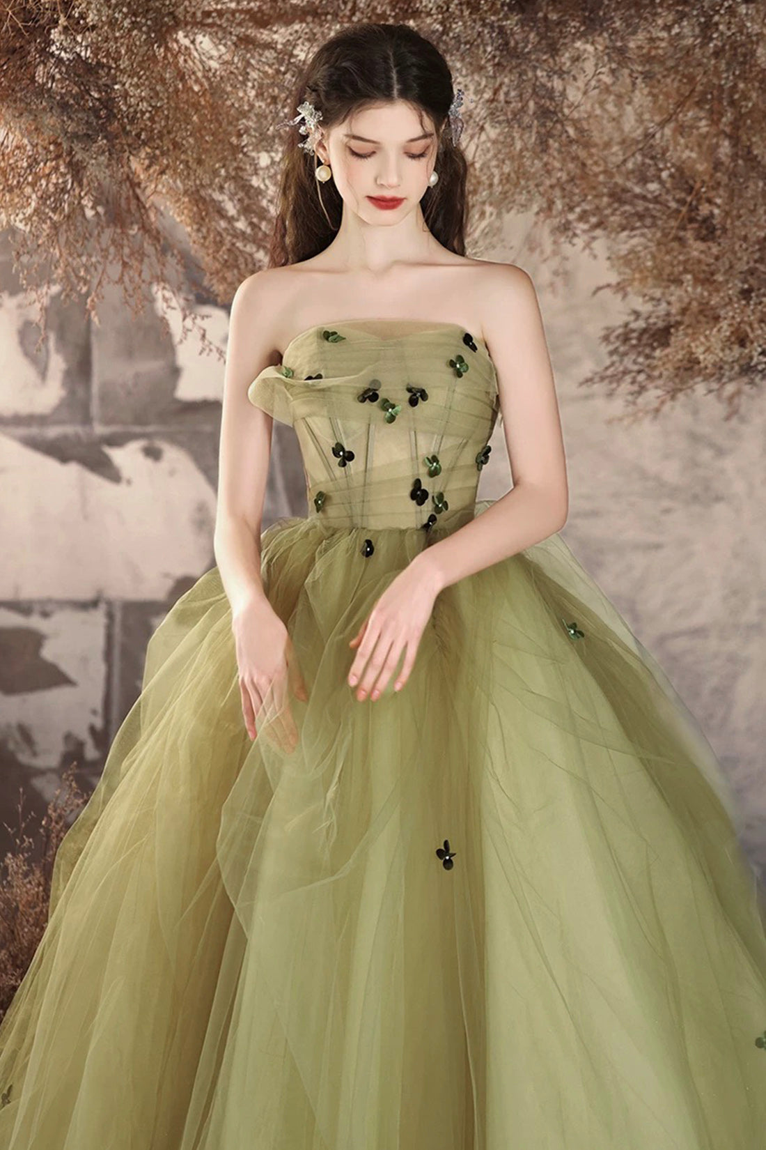 Green Tulle Long A-Line Prom Dress, Beautiful Strapless Backless Evening Party Dress