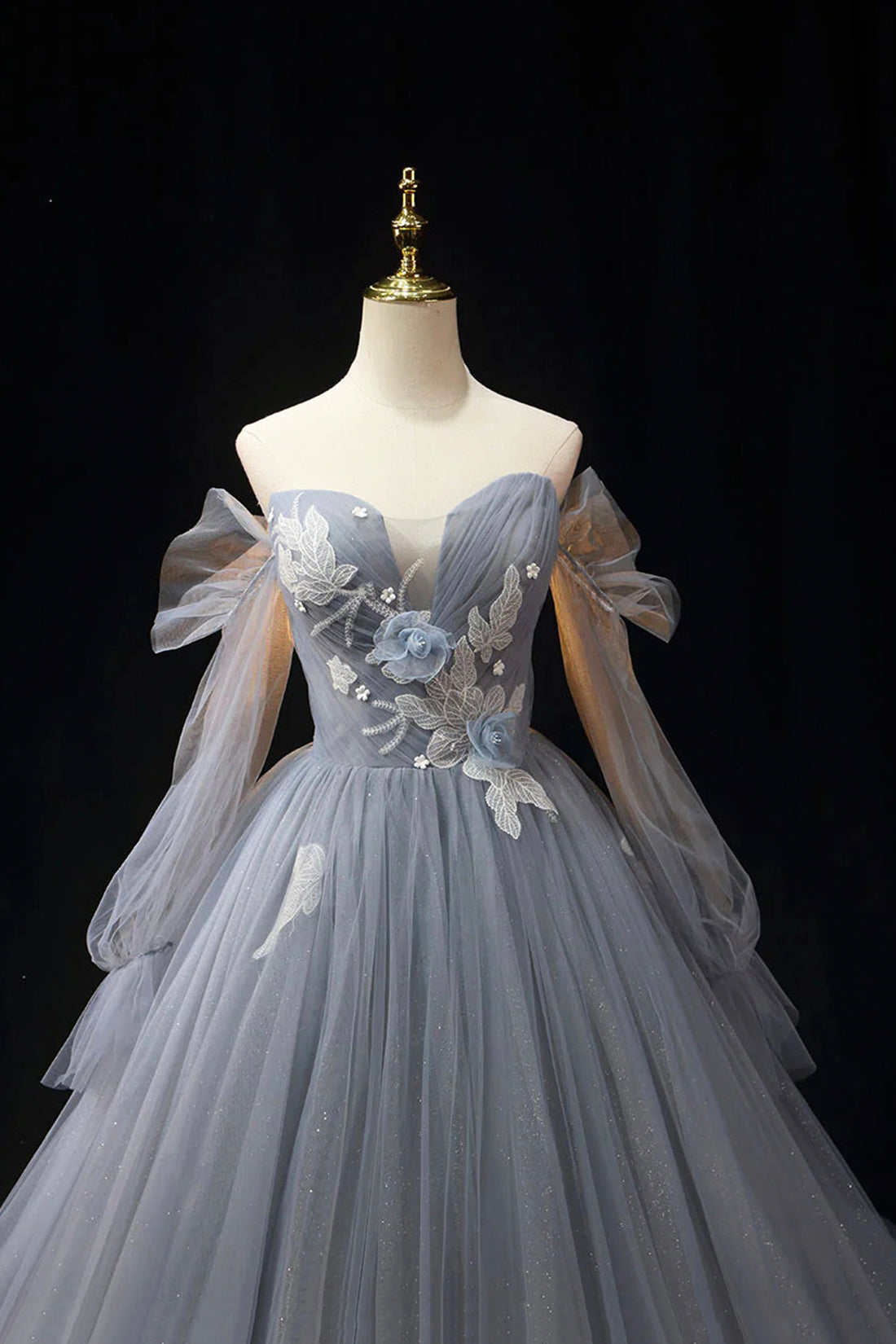 Gray Blue Tulle Floor Length Prom Dress, Elegant Long Sleeve Formal Evening Dress