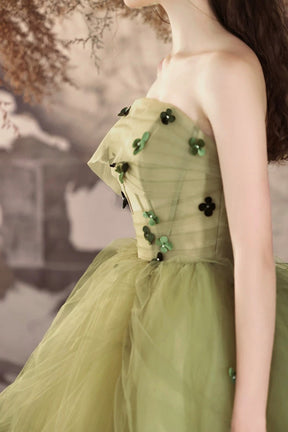 Green Tulle Long A-Line Prom Dress, Beautiful Strapless Backless Evening Party Dress