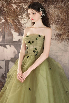 Green Tulle Long A-Line Prom Dress, Beautiful Strapless Backless Evening Party Dress