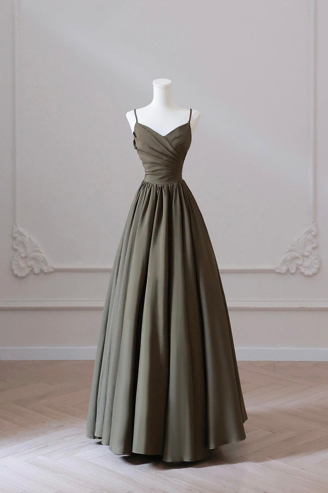 Olive Green Spaghetti Strap Satin Long Prom Dress, A-Line V Neck Party Dress