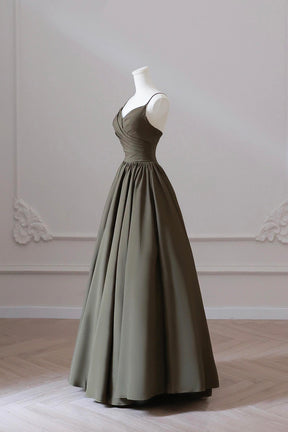 Olive Green Spaghetti Strap Satin Long Prom Dress, A-Line V Neck Party Dress