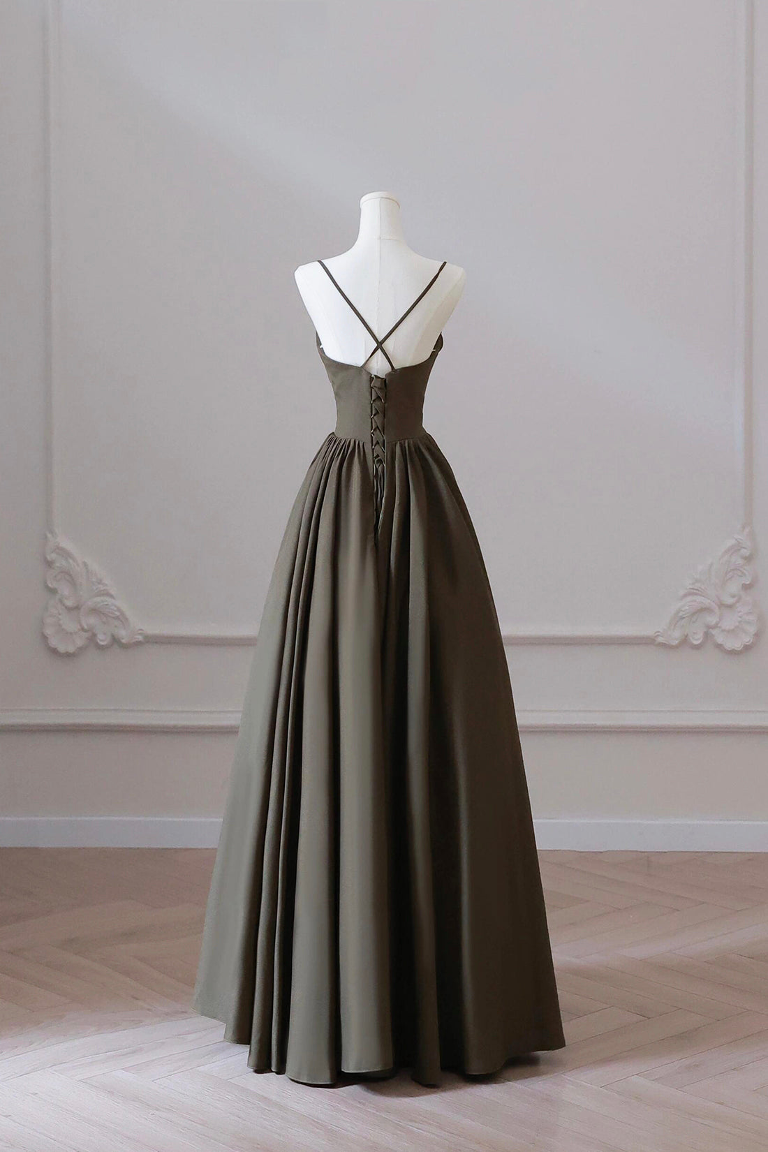 Olive Green Spaghetti Strap Satin Long Prom Dress, A-Line V Neck Party Dress