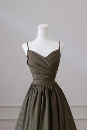 Olive Green Spaghetti Strap Satin Long Prom Dress, A-Line V Neck Party Dress