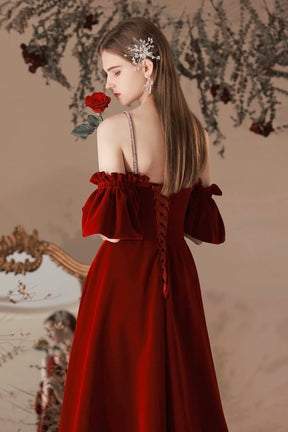 Burgundy Velvet Floor Length Prom Dress, Burgundy A-Line Spaghetti Strap  Evening Dress