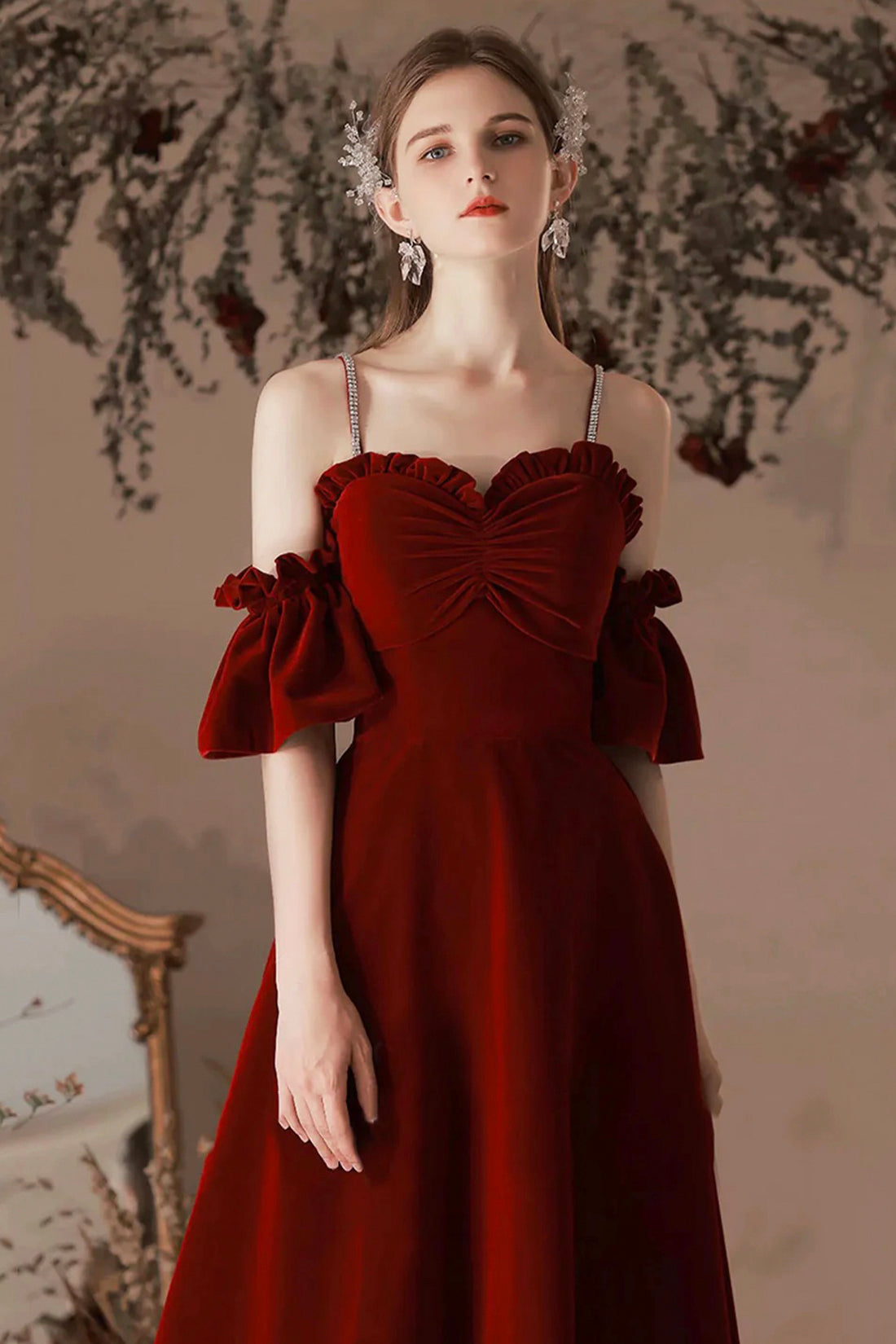 Burgundy Velvet Floor Length Prom Dress, Burgundy A-Line Spaghetti Strap  Evening Dress