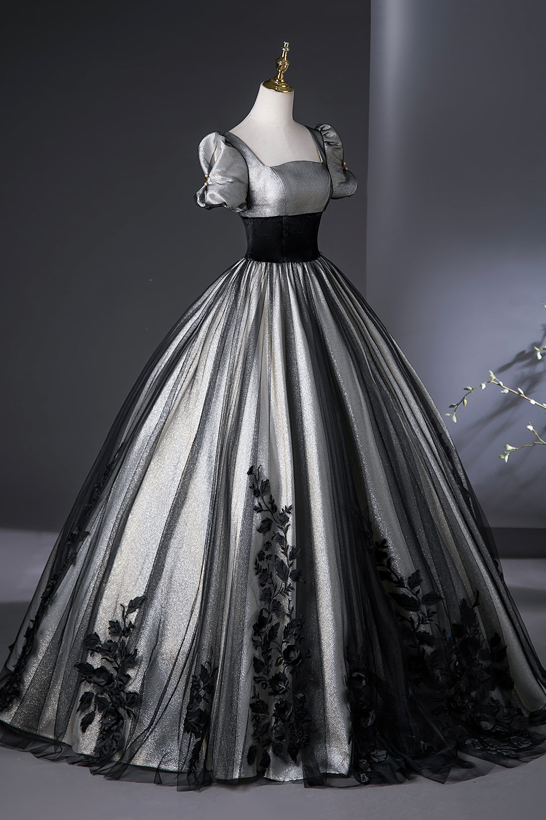 Elegant Black and Silver Lace Long Prom Dress, A-Line Square Neck Part