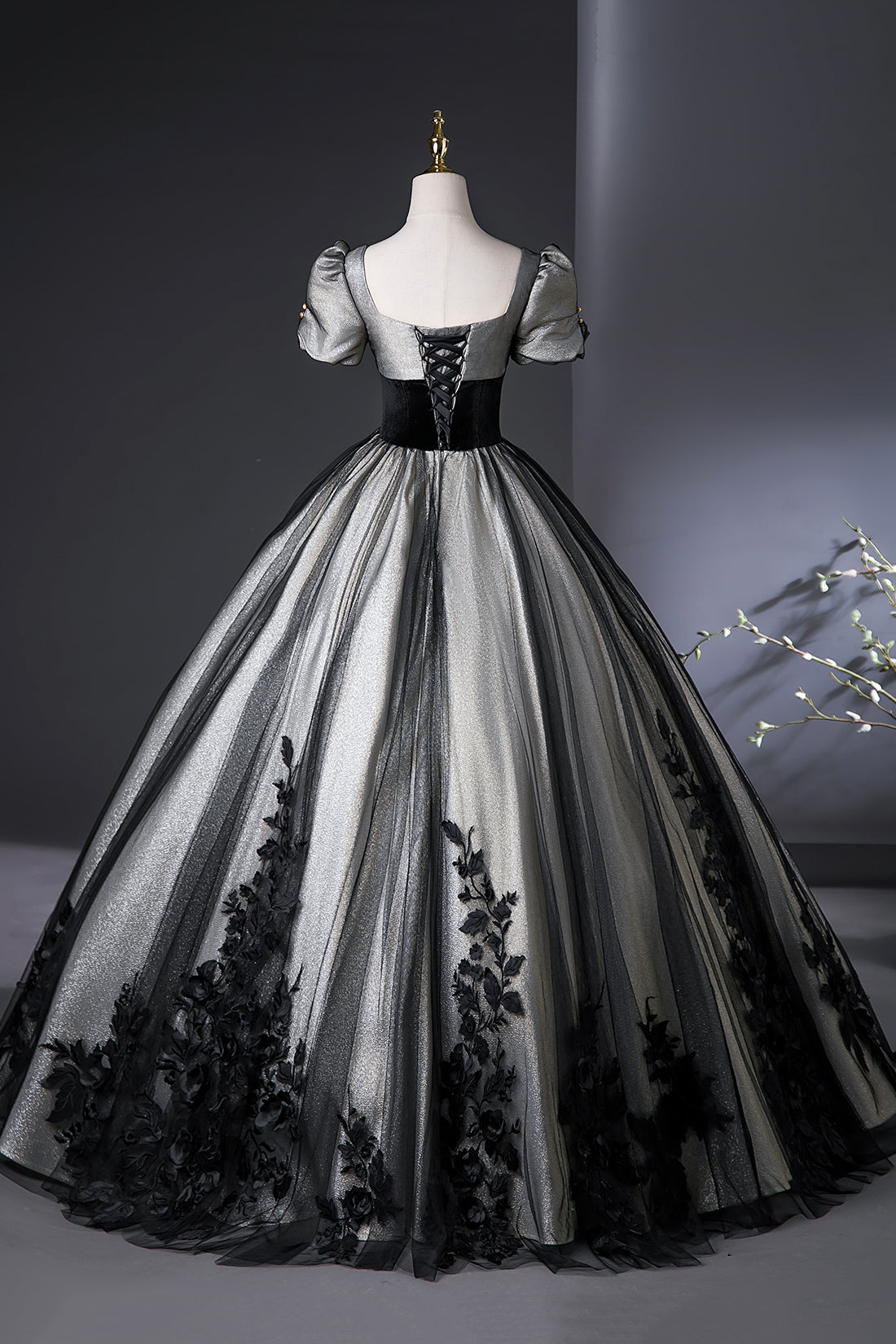 Elegant Black and Silver Lace Long Prom Dress, A-Line Square Neck Part Elegant Black and Silver Lace Long Prom Dress, A-Line Square Neck Part