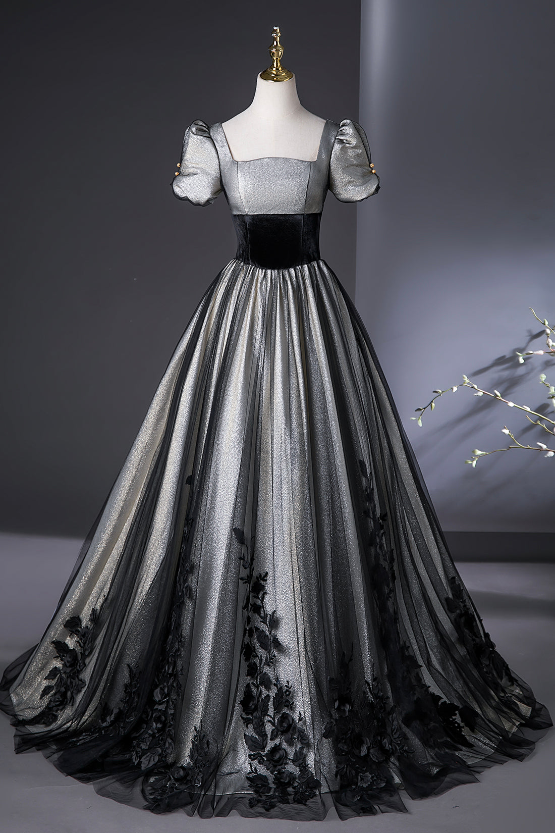 Elegant Black and Silver Lace Long Prom Dress, A-Line Square Neck Part Elegant Black and Silver Lace Long Prom Dress, A-Line Square Neck Part