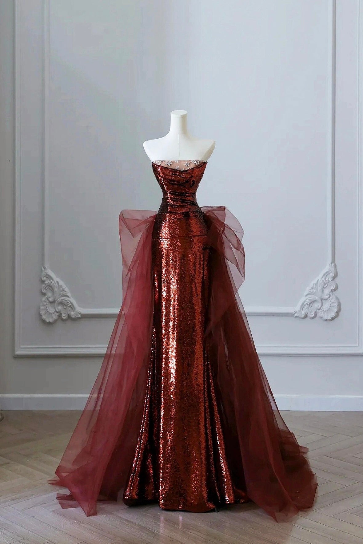 Burgundy Sequins and Tulle Long Formal Dress, Elegant Strapless Evening Party Dress