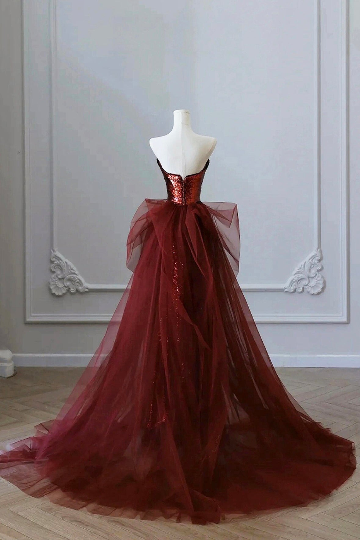 Burgundy Sequins and Tulle Long Formal Dress, Elegant Strapless Evening Party Dress