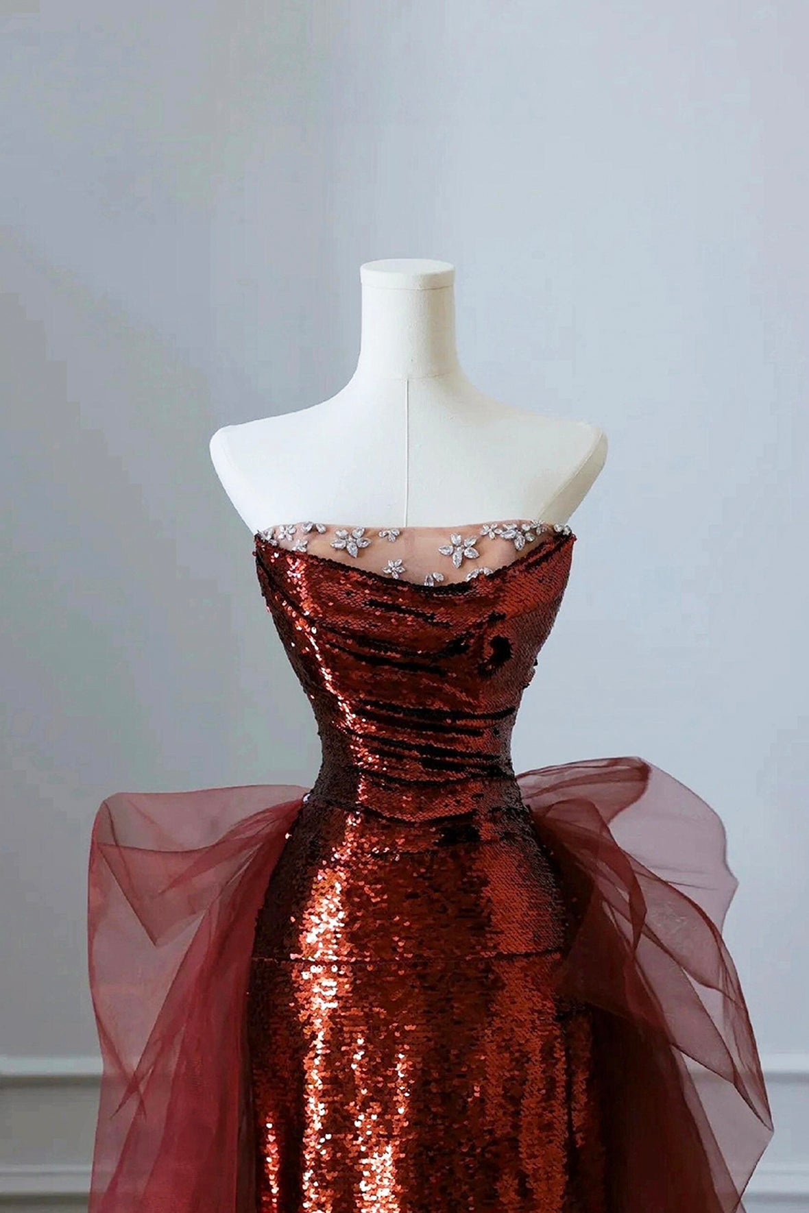 Burgundy Sequins and Tulle Long Formal Dress, Elegant Strapless Evening Party Dress