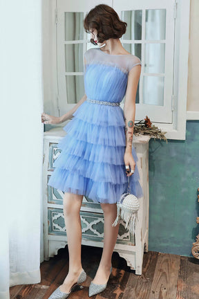 Blue Tulle Short Prom Dress, One Shoulder Multi-Layers Blue Party Dres