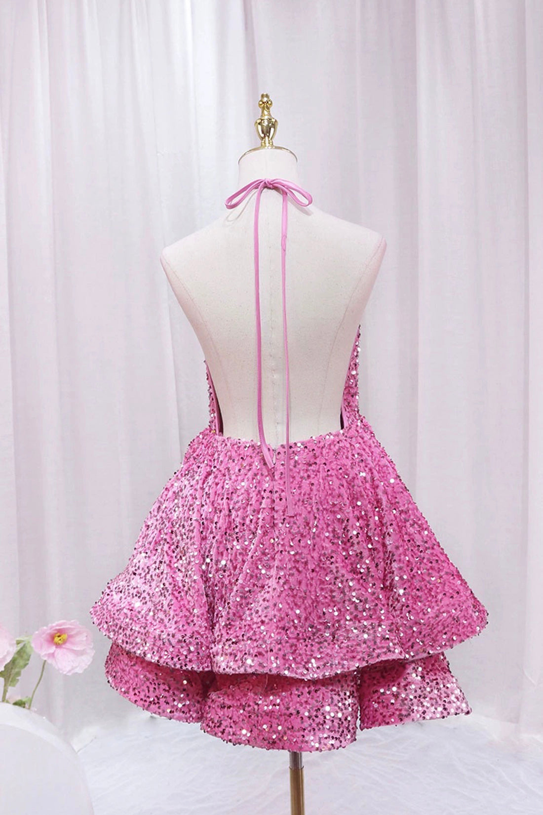 Pink V-Neck Sequins Short Prom Dress, Pink A-Line Backless Party Dress Pink V-Neck Sequins Short Prom Dress, Pink A-Line Backless Party Dress