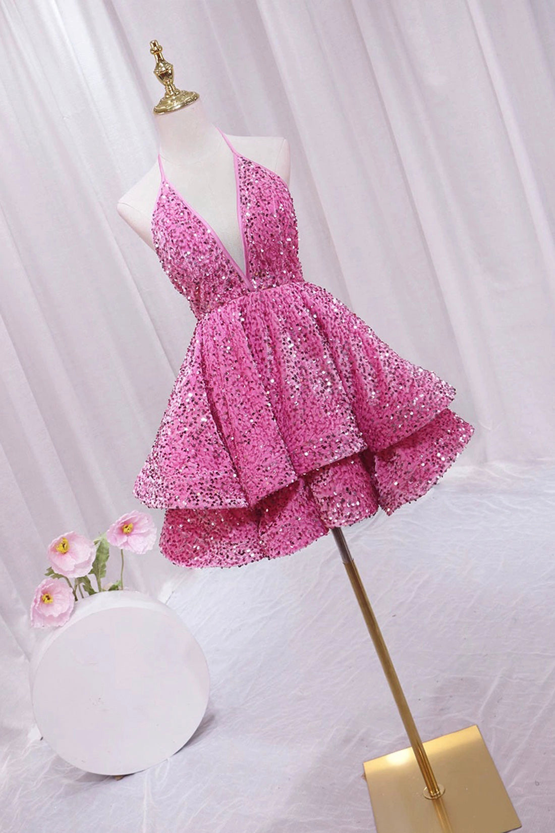 Pink V-Neck Sequins Short Prom Dress, Pink A-Line Backless Party Dress Pink V-Neck Sequins Short Prom Dress, Pink A-Line Backless Party Dress