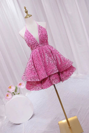 Pink V-Neck Sequins Short Prom Dress, Pink A-Line Backless Party Dress