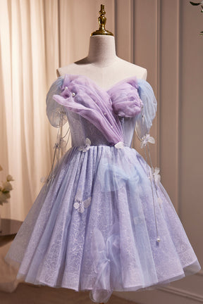 Purple Tulle Short Party Dress, Cute A-Line Off Shoulder Prom Dress