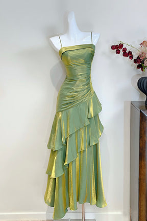 Green Satin Long Prom Dress, Mermaid Spaghetti Strap Party Dress
