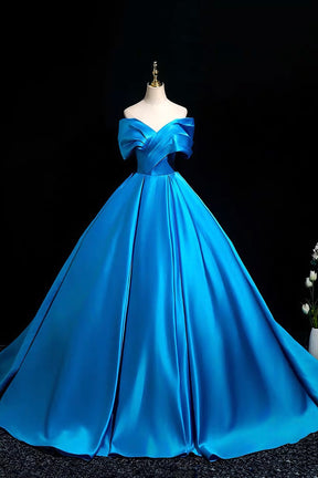 A-Line Satin Off-the-Shoulder Ballgown with Dramatic Bow,  Blue Formal Evening Gown