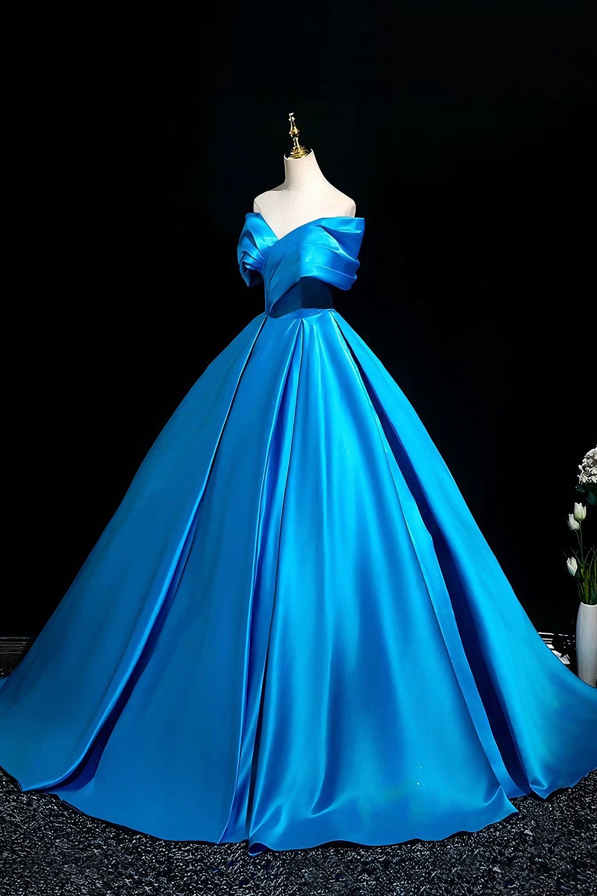 A-Line Satin Off-the-Shoulder Ballgown with Dramatic Bow,  Blue Formal Evening Gown