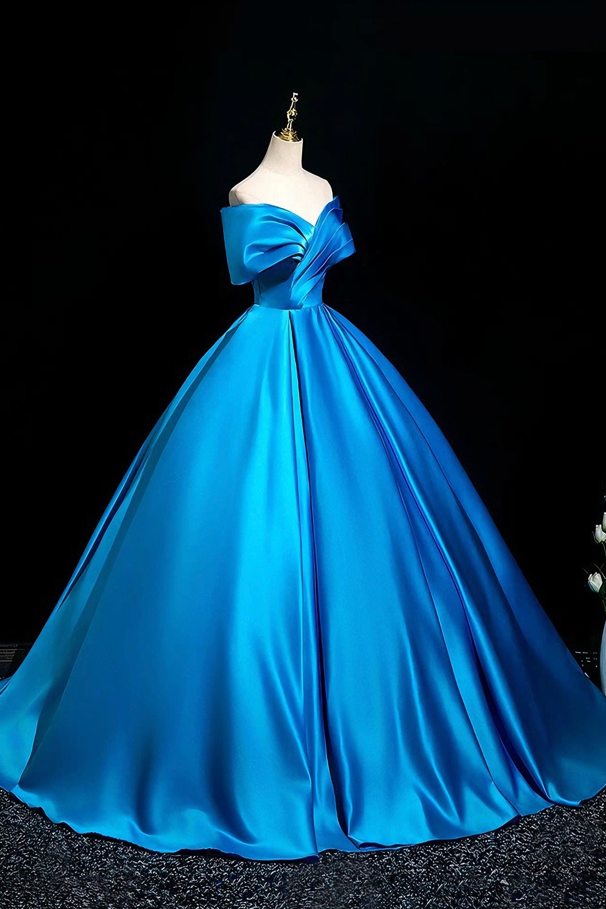 A-Line Satin Off-the-Shoulder Ballgown with Dramatic Bow,  Blue Formal Evening Gown