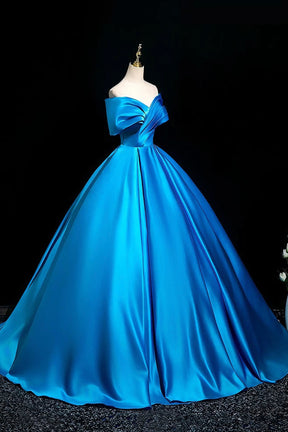 A-Line Satin Off-the-Shoulder Ballgown with Dramatic Bow,  Blue Formal Evening Gown