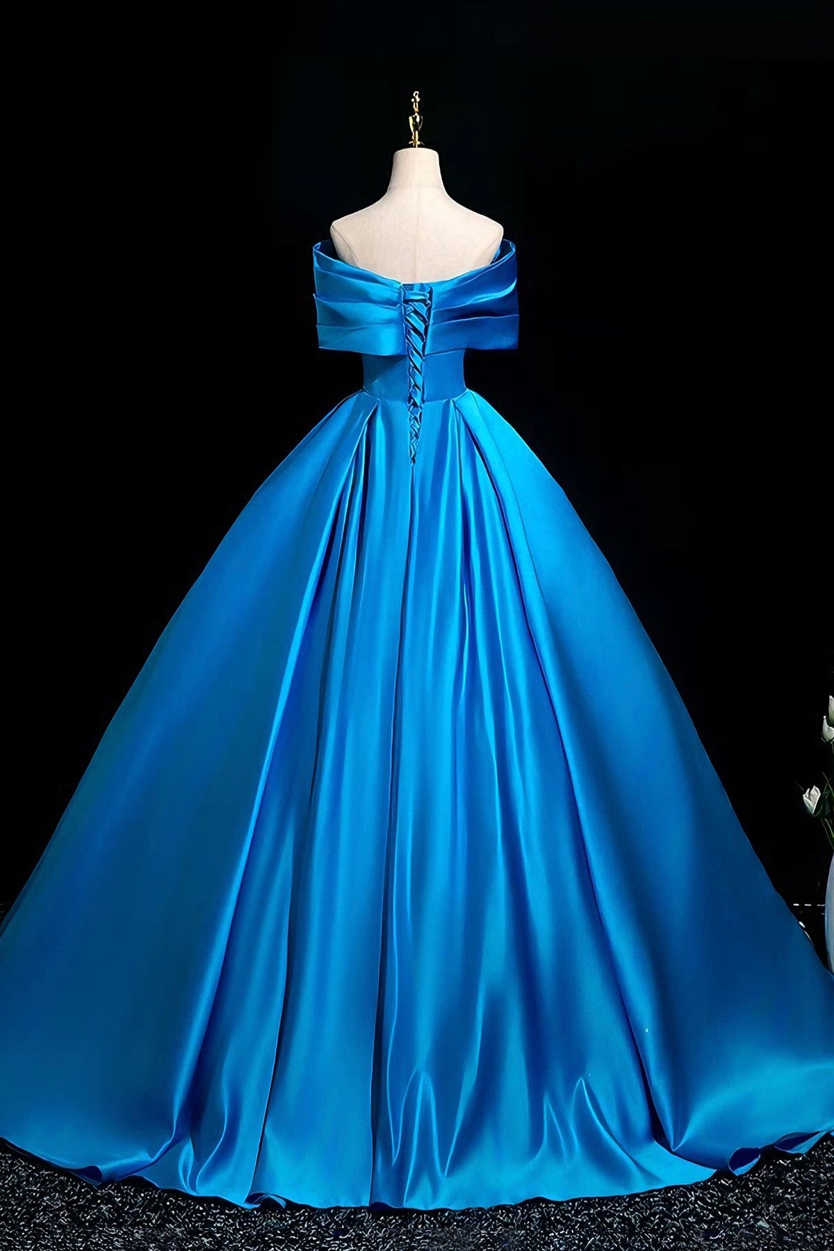 A-Line Satin Off-the-Shoulder Ballgown with Dramatic Bow,  Blue Formal Evening Gown