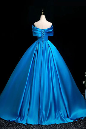 A-Line Satin Off-the-Shoulder Ballgown with Dramatic Bow,  Blue Formal Evening Gown
