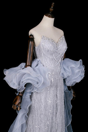 Gray Blue Strapless Sequin Mermaid Evening Gown with Ruffled Tulle Cape