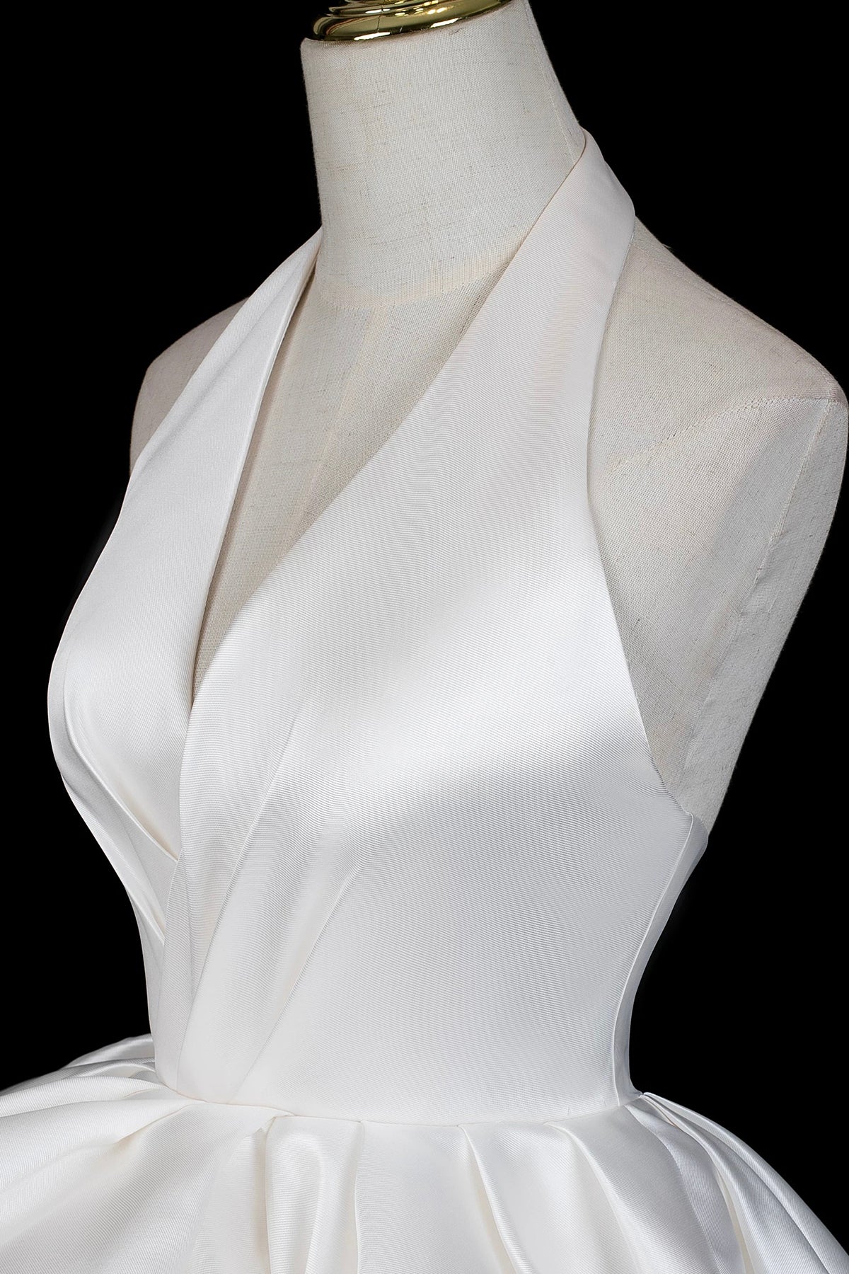 White Halter Satin Ruffled Ball Gown Wedding Dress