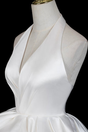 White Halter Satin Ruffled Ball Gown Wedding Dress