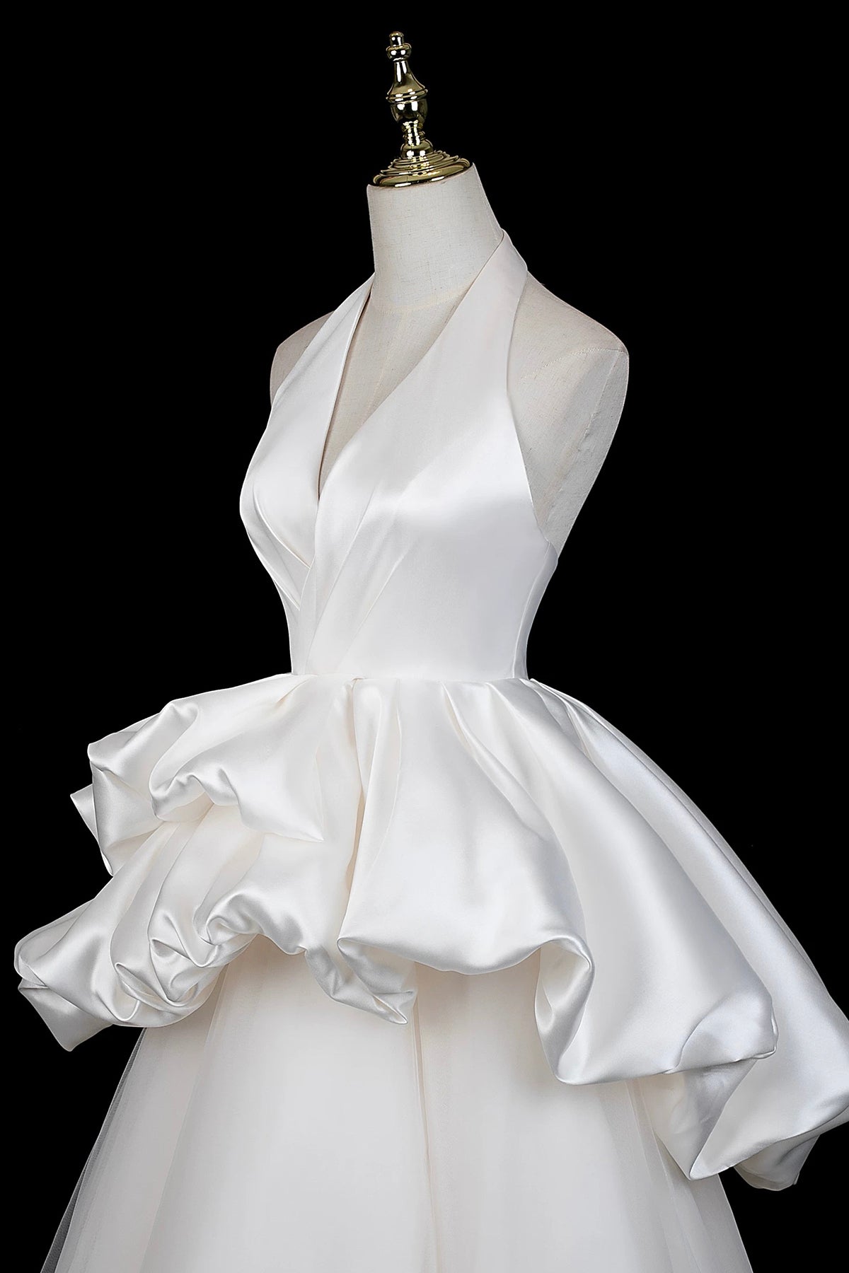 White Halter Satin Ruffled Ball Gown Wedding Dress