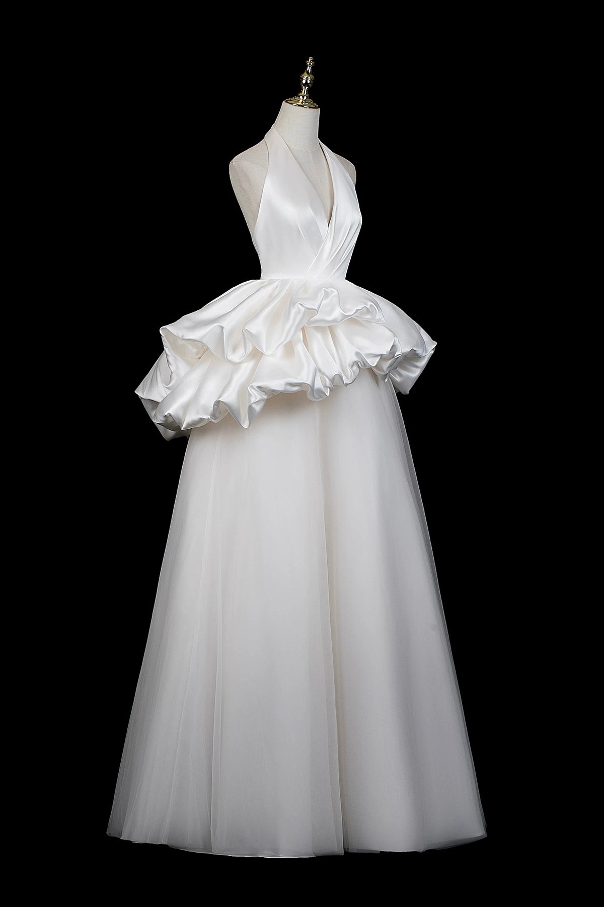 White Halter Satin Ruffled Ball Gown Wedding Dress