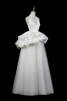 White Halter Satin Ruffled Ball Gown Wedding Dress
