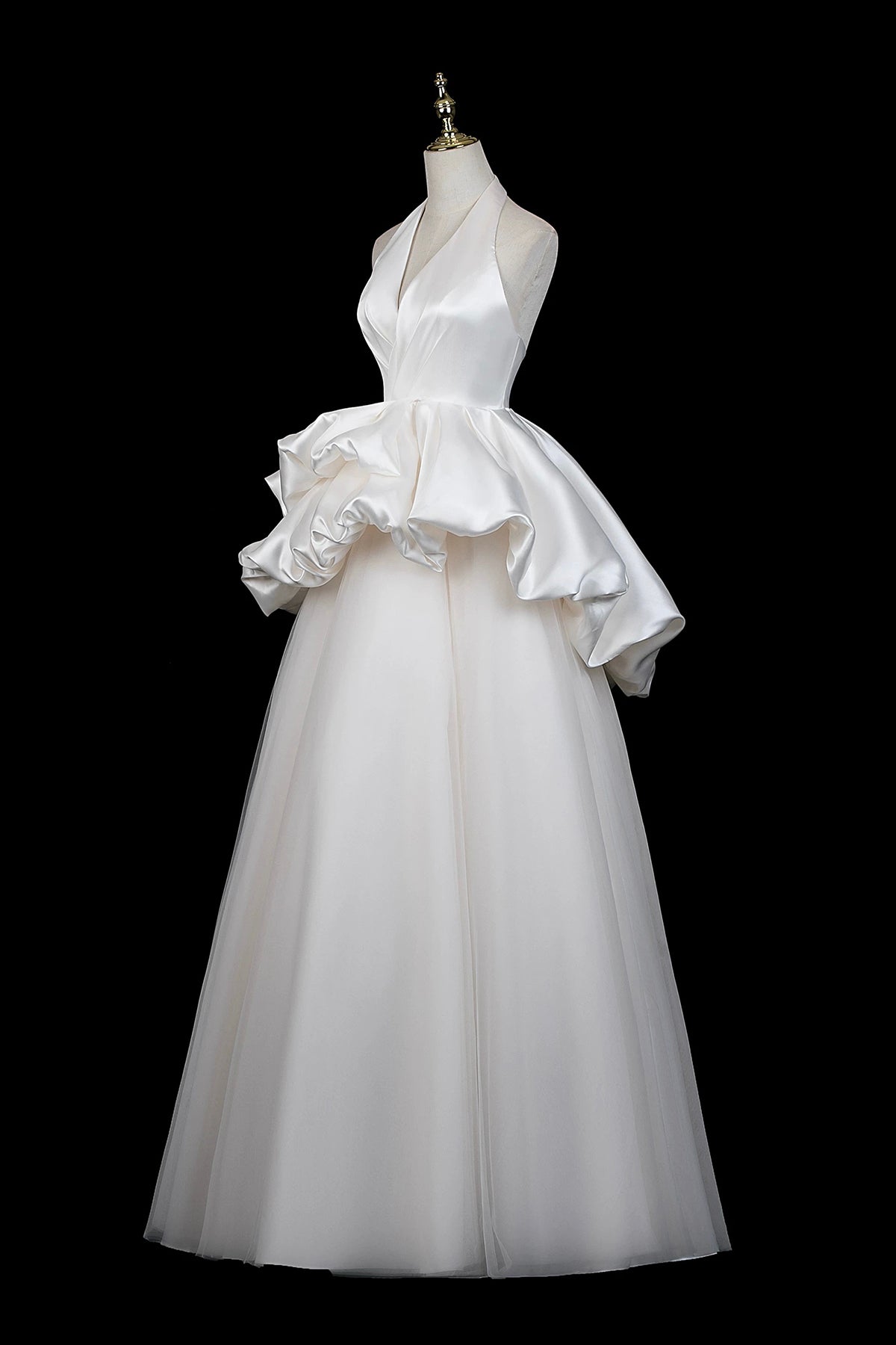 White Halter Satin Ruffled Ball Gown Wedding Dress