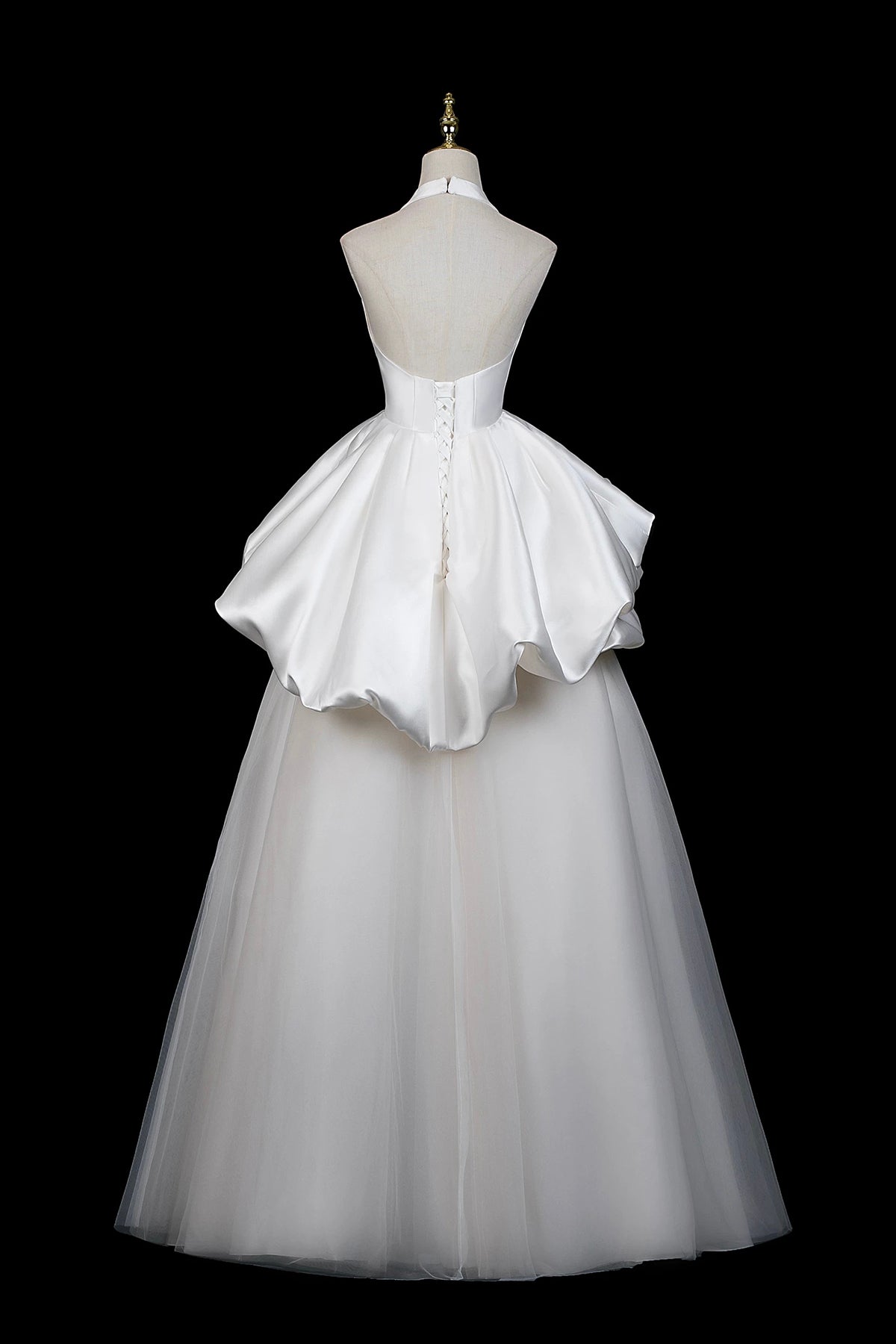 White Halter Satin Ruffled Ball Gown Wedding Dress