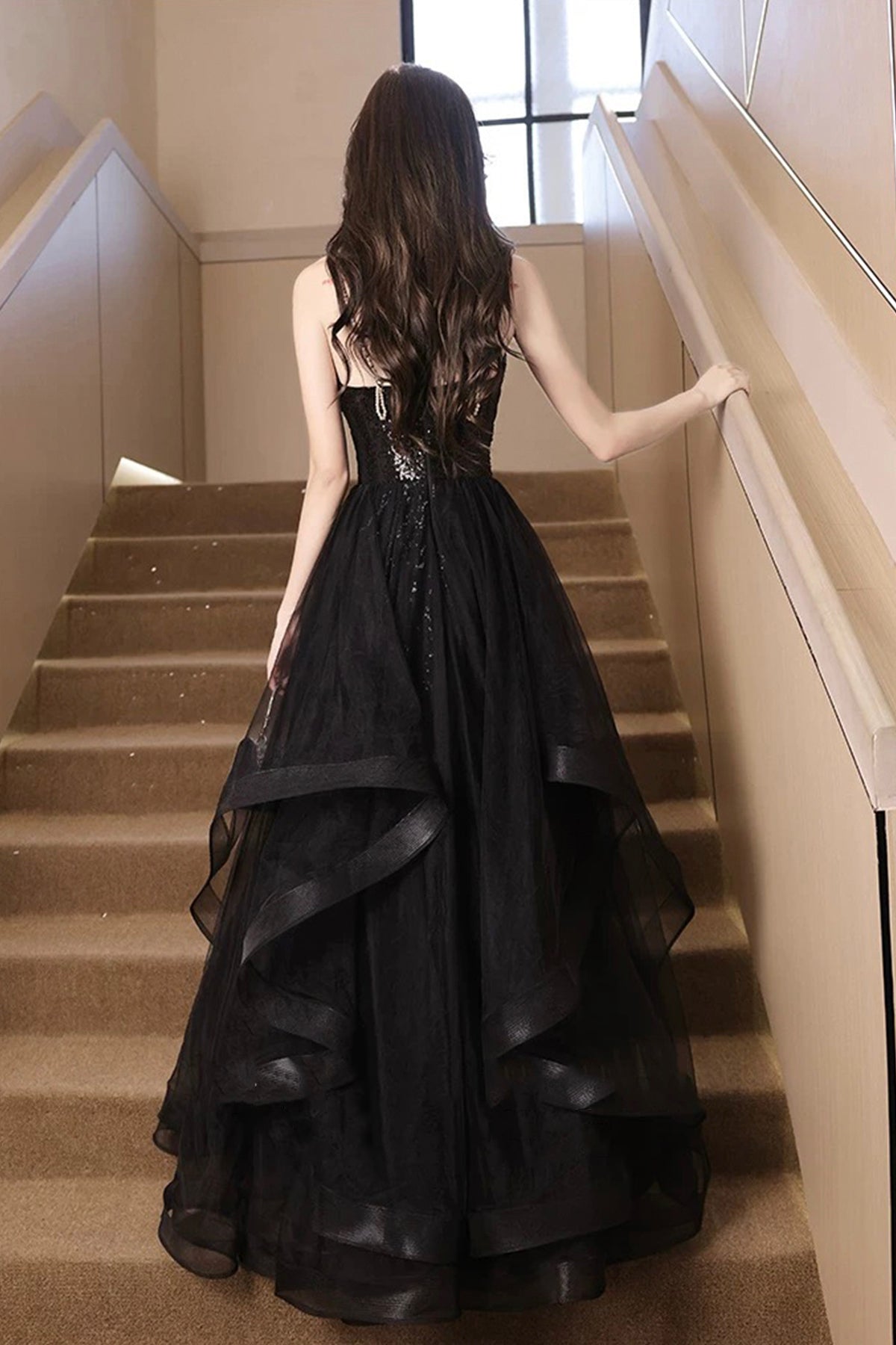 Black Sequin V-Neck High Slit Prom Evening Gown with Tulle Overlay