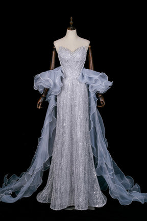 Gray Blue Strapless Sequin Mermaid Evening Gown with Ruffled Tulle Cape
