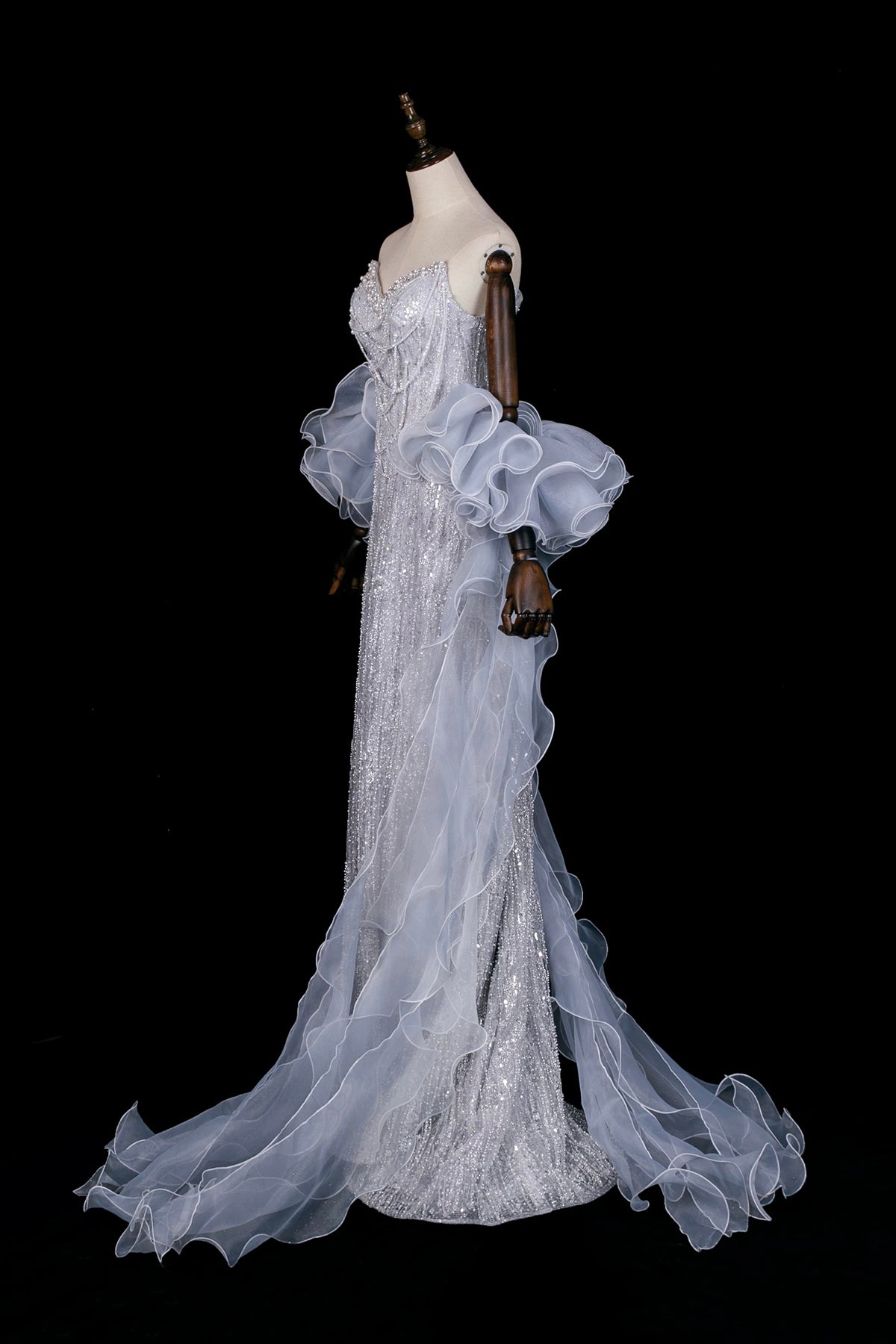 Gray Blue Strapless Sequin Mermaid Evening Gown with Ruffled Tulle Cape