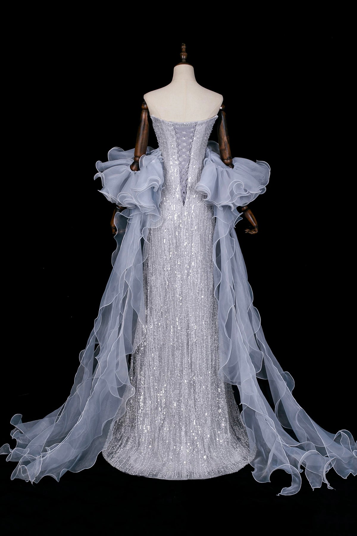 Gray Blue Strapless Sequin Mermaid Evening Gown with Ruffled Tulle Cape